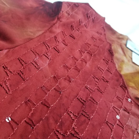 Vintage Dressbarn V Neck Top Women M Red Tie Dye 3/4 Slv Stretch Sequin 90s Y2K - Picture 13 of 14